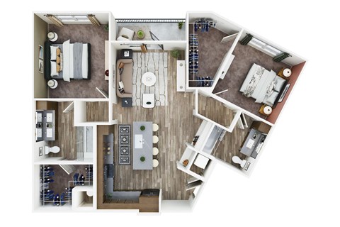 a 3d floor plan of a house with a bedroom and a living room